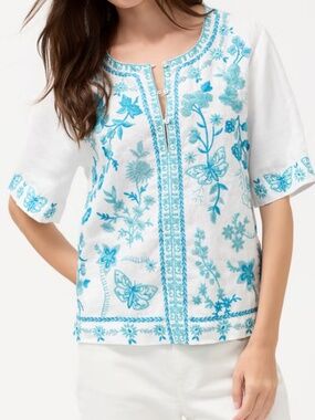 NWT Johnny Was FIONA SPLIT NECK Embroidered 100% LINEN BLOUSE Size US XL